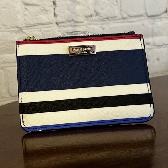 Kate Spade Blue Red White Striped Laurel Way Bitsy Card Holder - Picture 1 of 5